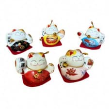 Image of Set of 5 mini Maneki Neko Lucky Cat Figurines For Prosperity and Fortune Multico