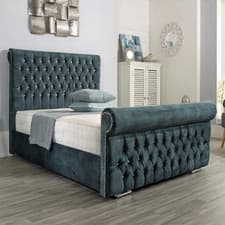 Image of Double Scroll Sleigh Bed Frame Plush Velvet Upholstered Ottoman Gas Lift Storage