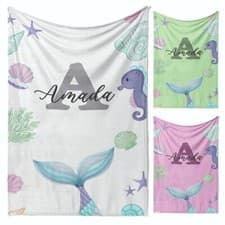 Image of Personalised Name Colour Mermaid Tail Monogram Kids Soft Fleece Blanket Decor