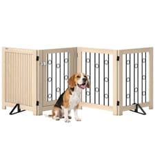 Image of PawHut 4 Panel Freestanding Pet Gate Foldable with Door for Stairs, Doorway