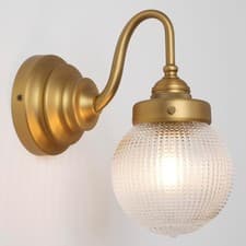 Image of Wall Light Sconce with Clear Ribbed Glass Globe Shade, Vintage Brass Bathroom