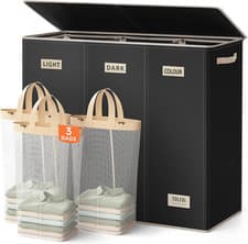 Image of 200L Laundry Basket 3 Compartments Hamper with Lid Foldable Clothes Sorter