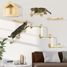 Image of Wall Mounted Cat Tree Furniture Multi-Level Climbing Scratching 8 Piece Beige