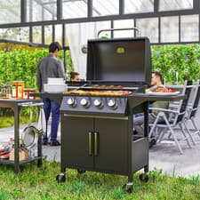 Image of 4 Burner Gas Grill Portable BBQ Trolley with 4 Wheels and Side Shelves