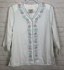 Image of ALLISON DALEY white crinkle fabric embroidered accents 3/4 sleeve blouse 14P NWT