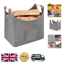 Image of Elegant XL Dove Grey Felt Log Basket with Reinforced Handles - Multi-Use Storage