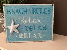 Image of BEACH RULES WALL HANGING METAL SIGN BLUE WHITE STARFISH BATHROOM BEACH HUT