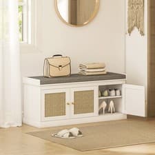 Image of Shoe Bench with Storage, Woven Doors, Seat, Entryway Storage Bench, White