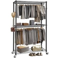 Image of Heavy Duty Rolling Clothes Rail Adjustable Garment Rack w/3 Tier Storage Shelves