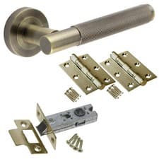 Image of Astor Designer Door Handle Packs Matt Black Antique Brass Latch Lock Bathroom
