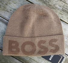Image of Genuine HUGO BOSS Camel Brown 10% Wool Logo BEANIE Hat 50475939