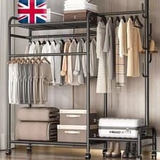 Image of Double Clothes Rail Rack Heavy Duty Garment Hanging Stand Open Wardrobe Shelf UK