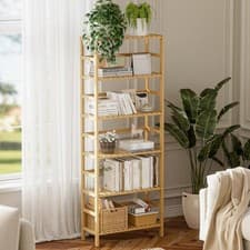 Image of Natural Freestanding Bamboo Shelf Adjustable Bookcase Stand Flower Storage Rack