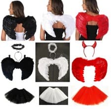 Image of Angel Devil Fairy Feather Wings Halo Fancy Dress Costume Outfit Halloween Lot