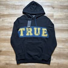 Image of True Religion Hoodie Mens Medium Jet Black Contrast Panel Pullover Designer NWT