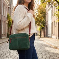 Image of Green Suede Waist Bag Premium Burgundy Leather Crossbody Belt