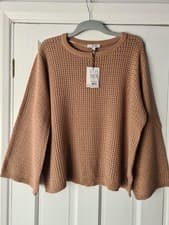 Image of B.Young Camel Brown Open Knit Flared Sleeve 100% Cotton Jumper XL