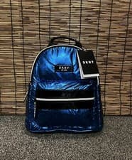 Image of DKNY Logo Metallic Padded Small Travel Backpack Blue New RRP £160.00