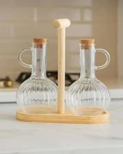 Image of Vinegar and Oil Bottle Set with Wooden Stands, 2 x 300 ml Drip-Proof Oil Dispens