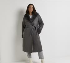 Image of River Island Womens Grey faux fur trim belted trench coat Uk 12 Never Used