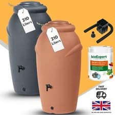 Image of Water Butt Kit with Tap, Diverter & Bio Cleaner - Rain Water Collector Tank 210L