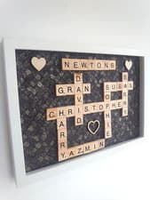 Image of Stylish picture frame gift with handmade scrabble tiles with family member names