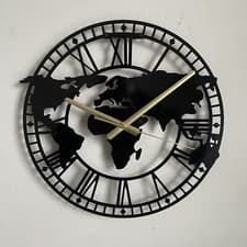 Image of World Map Metal Wall Clock | Roman Numerals | Black/white | 50cm