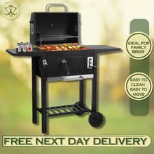 Image of LARGE BBQ GRILL SMOKER CHARCOAL WITH LID & TROLLEY OUTDOOR GARDEN FAMILY SIZE UK