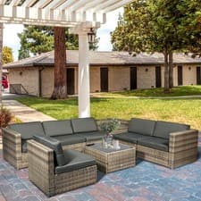 Image of 8Pcs Patio Rattan Seating Garden Furniture Set Table w/ Cushions 6 Seater