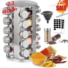 Image of Stainless Steel Revolving Spice Rack With 20 Glass Jar Stand Carousel Rotating
