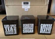 Image of BNIB NEXT Set of 3 Black Storage Jar Canisters. Text Design - Sugar, Tea, Coffee