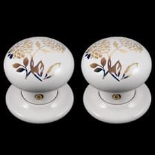 Image of Ceramic Door Knob Set White Gold Dahlia Design (Pair) 60mm