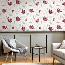 Image of CROWN SYNERGY RED WHITE SILVER GLITTER FLORAL TEXTURED VINYL WALLPAPER M1718
