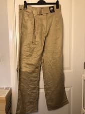 Image of M&S beige Linen Trousers Women's Wide Leg Pleat Front Belted Pockets Size 16,New
