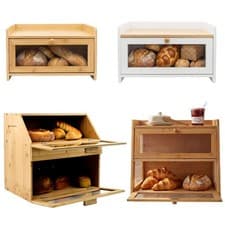 Image of Natural Bamboo Wood Bread Bin Counter Top Storage Boxes With Acrylic Window Lids
