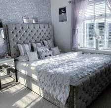 Image of NEW MARTHA CRUSHED SILVER VELVET BED FRAME WITH HEADBOARD