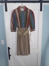 Image of NWT Vintage Peri Petites Button Striped Tan Brown Cottage Core Pleated Dress 6