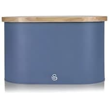 Image of Swan Nordic Oval Bread Bin & Bamboo Cutting Board Lid Soft Touch Finish - Blue