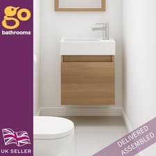 Image of Compact Wall Hung Cloakroom Vanity Unit & Basin Oak Effect Bathroom 400mm