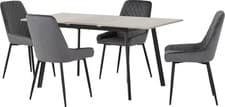 Image of Avery Extending Concrete Grey Dining Table And Four Grey Velvet Chairs Table Set