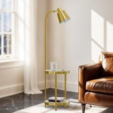 Image of Mid Century Floor Lamp Reading Light with Sintered Stone Shelves Tall Pole Lamp