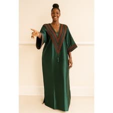 Image of green Long Mikado Silk Gown With Aso Oke Patch V Neck Line With S Pockets