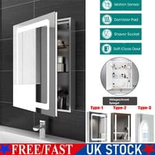 Image of LED Bathroom Mirror Cabinet with Shaver Socket Demister Sensor Lights Vertically