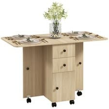 Image of HOMCOM Folding Dining Table for 4-6 Drop Leaf Table on Wheels Natural Wood