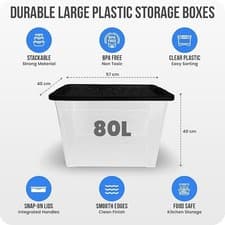 Image of Clear Plastic Storage Boxes Box With Black Lids Home Office Kitchen Stackable UK