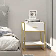 Image of Modern Bedside Table Side Table Nightstand W/ Drawer Shelf White Gold