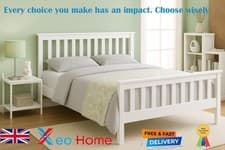 Image of Small Double Wooden Bed Frame With/Wo Mattress Solid 4ft White Pinewood Bedroom