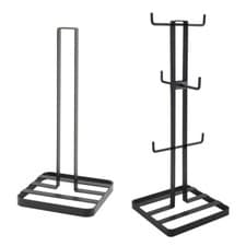 Image of 6 Mug Tree & Towel Roll Holder Kitchen Set Black Flat Iron Kitchen Storage Rack