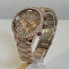 Image of michael kors mk7285 layton rose gold crystal pave 42mm ladies chronograph watch