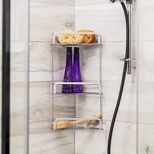 Image of Croydex Corner Shower Caddy Chrome 3 Tier Stick ’N’ Lock Bathroom Storage Basket